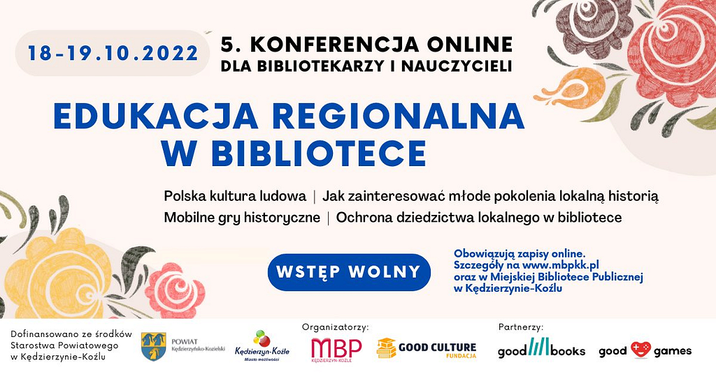 Banner konferencji online "Edukacja regionalna w bibliotece"