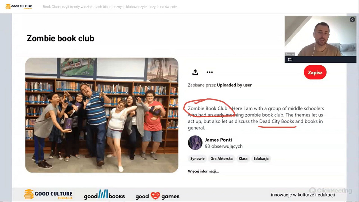 Kadr z webinarium o klubach czytelniczych w bibliotece